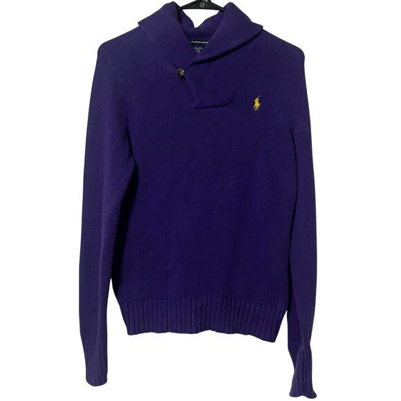 Polo Sweaters - Ralph Lauren Sport Women's M Shawl Collar Sweater purple Yellow Pony Pullover